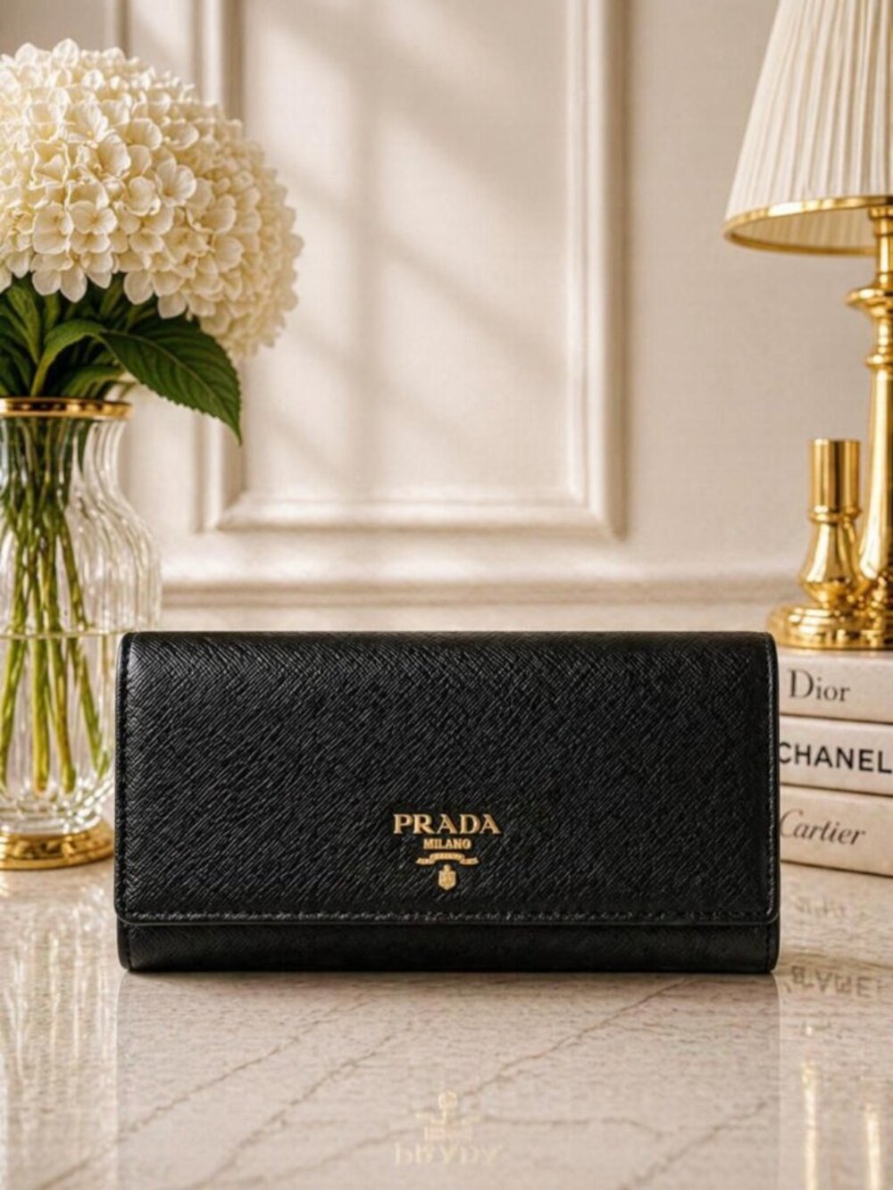 Authentic Prada Black Saffiano Leather Flap Wallet 175-013025